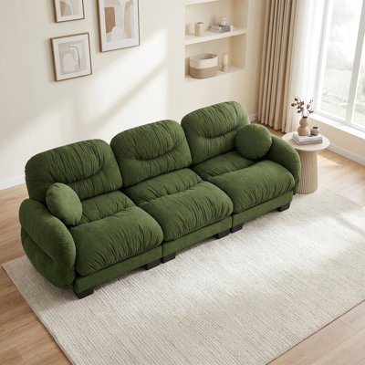 116" Pleated Design 3 Seater Modular Sofa with 2 Round Throw Pillows Green Chenille Fabric