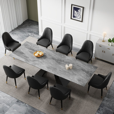 Modern Dining Set  with 110.23'' Extendable Sintered Stone Dining Table and 8 Faux Leather Dining Chairs