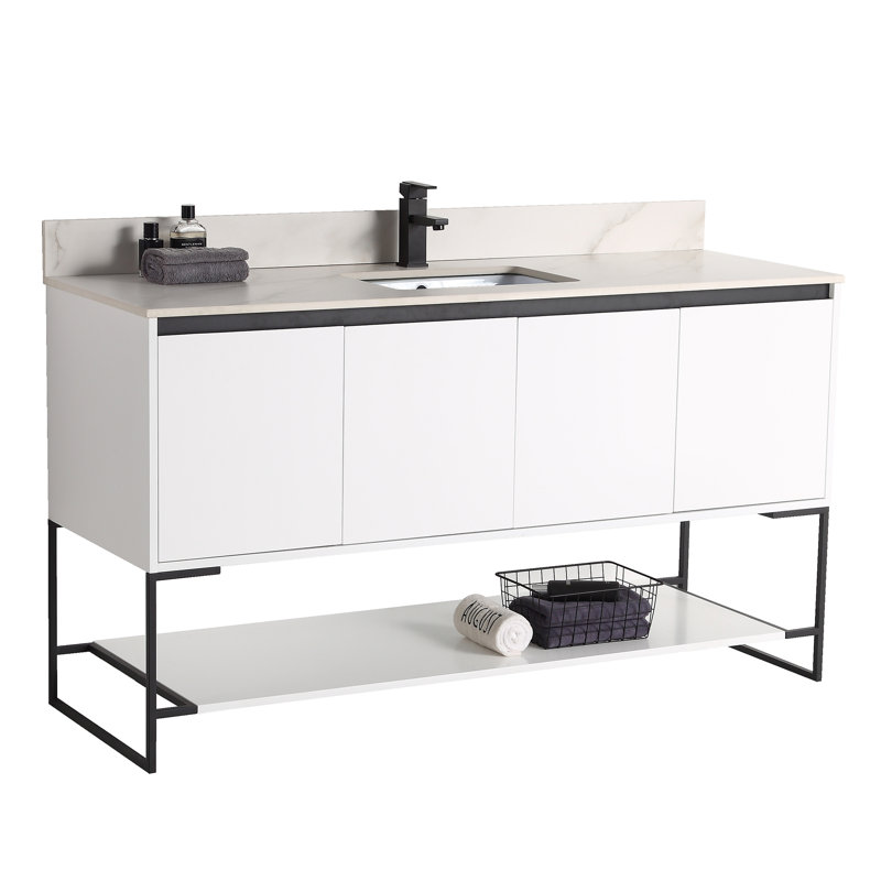 Carliana 59.37 " W Freestanding Standard Free Standing Single Double Single Vanity Bathroom Vanity With Stone Top, White