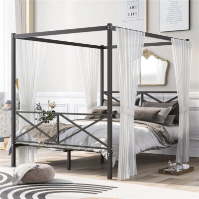 Queen Size Metal Canopy Bed With X Frame -  Gracie Oaks, C713337228D94278AE9305BA54EDDFDC