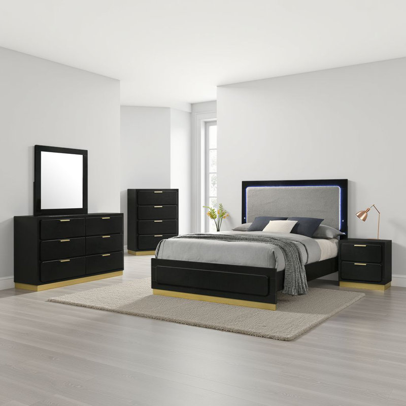 Ensemble de chambre avec grand lit 5 pièces Caer en noir, accents dorés et revêtement gris, Noir, Grand lit
