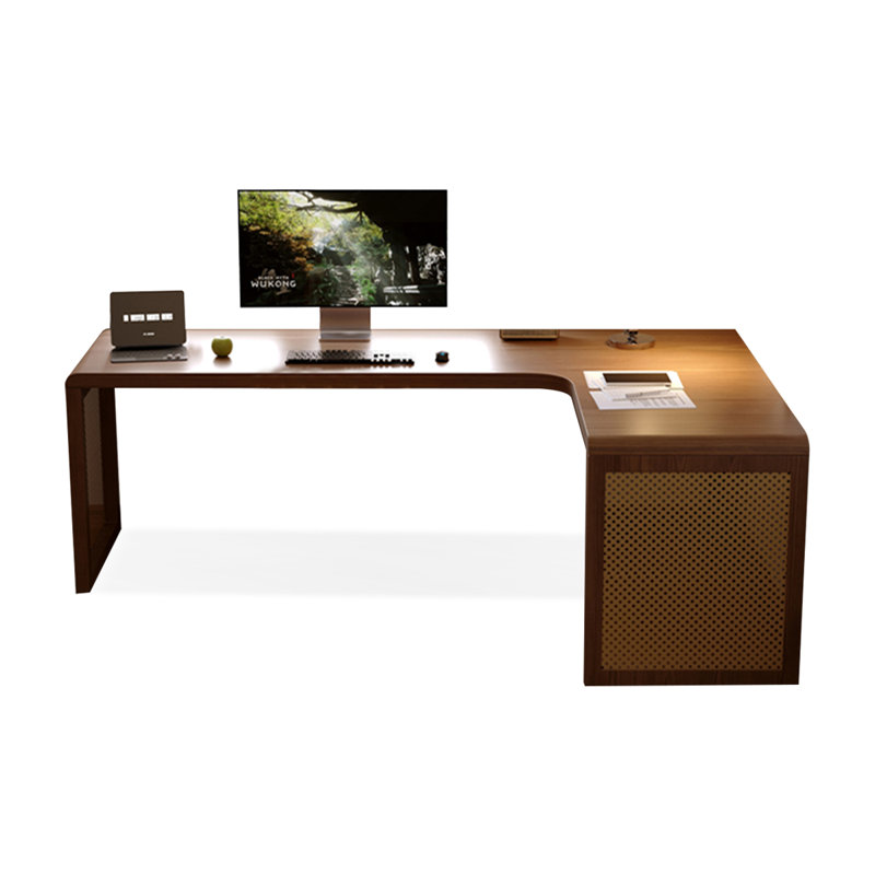 Bureau en bois massif en forme de L brun noyer + en rotin +, H 29,53 po x l 86,61 po x P 55,12 po, Retour à droite