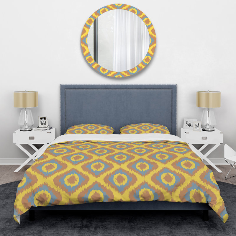 Ensemble de housse de couette à motif jaune Ikat Ogee, Housse de couette pour grand lit et 2 taies décor