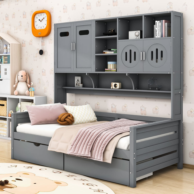 Lit de jour en bois avec tablettes et 2 tiroirs, Gris, Lit simple