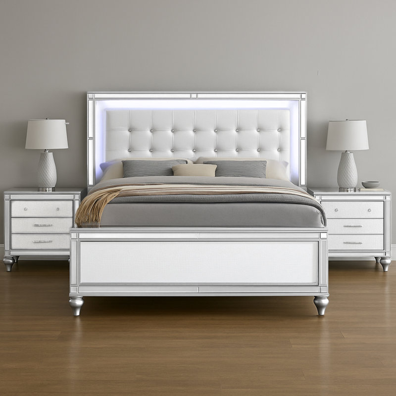 Moaad Queen 3PC Bedroom Set White, 3 Pieces: Bed, 2 Nightstands, Queen, White