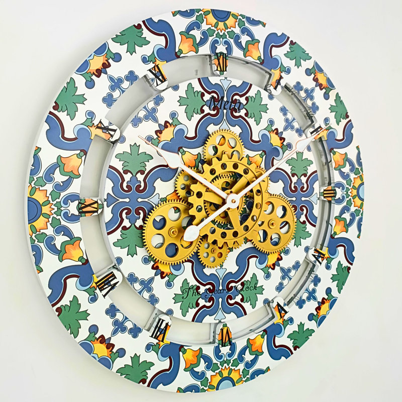 24'' Multicolor Wood and Metal Wall Clock with Moving Gears