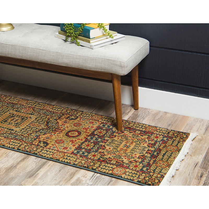 Tapis oriental jaune / bleu Palazzo, Tapis de couloir 2 pi 7 po x 10 pi