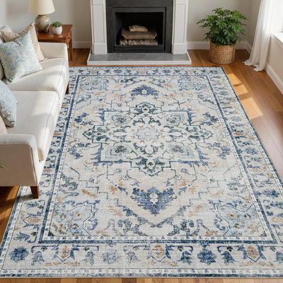 Area Rug Classic Vintage Tribal Distressed Carpet Washable Polyester Rectangle Rug for Bedroom Living Room, Blue, 6'X 9'