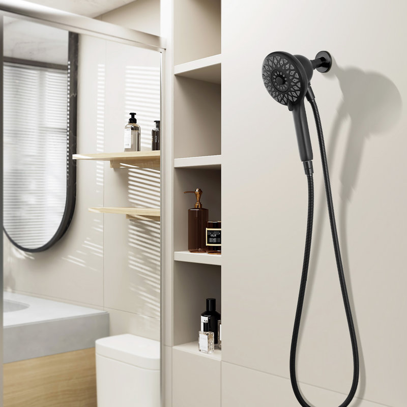 Douche à main à 6 jets en mode haut, design noir mat, boyau de 60 pouces, technologie d'amarrage magnétique pour une manipulation facile dans la pomme de douche de la salle de bain, options, à main, forme ronde en métal et répartition de l'eau uniforme