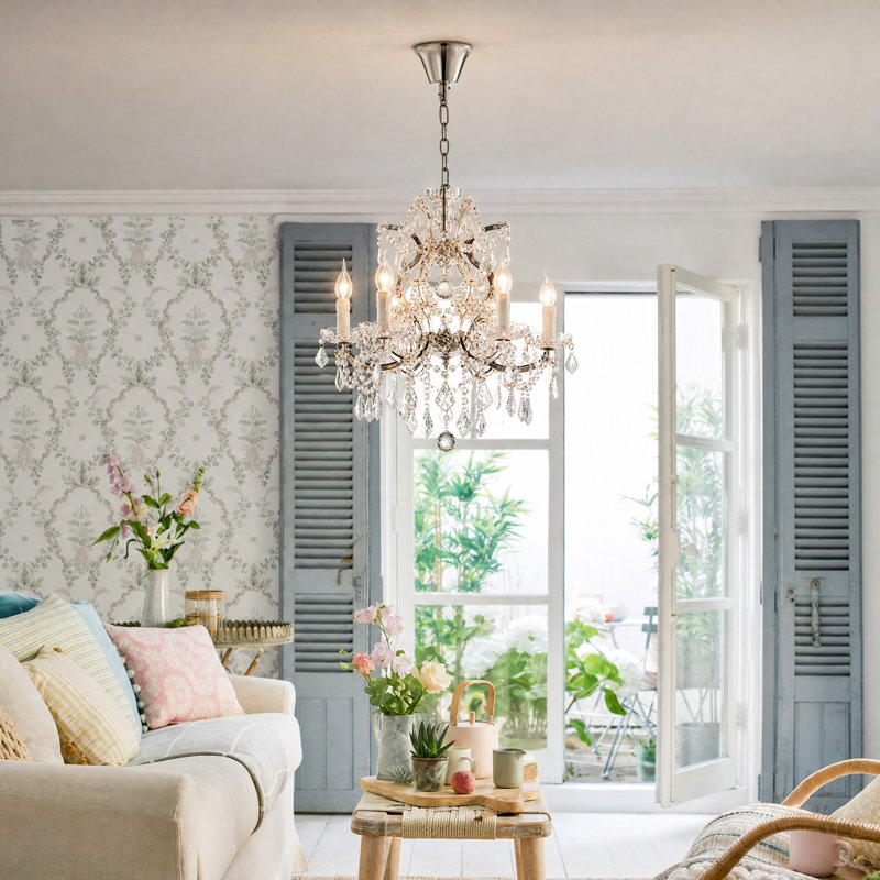 Lustre style candélabre en cristal de style empire 6 lumières 20 po, H 70 po x l 20 po x P 20 po, Nickel brossé, 1 étage