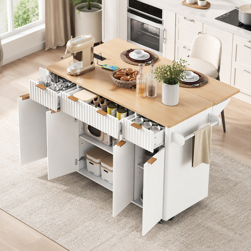 Îlot de cuisine cannelé avec abattant, prise électrique, 4 portes et 3 tiroirs, White