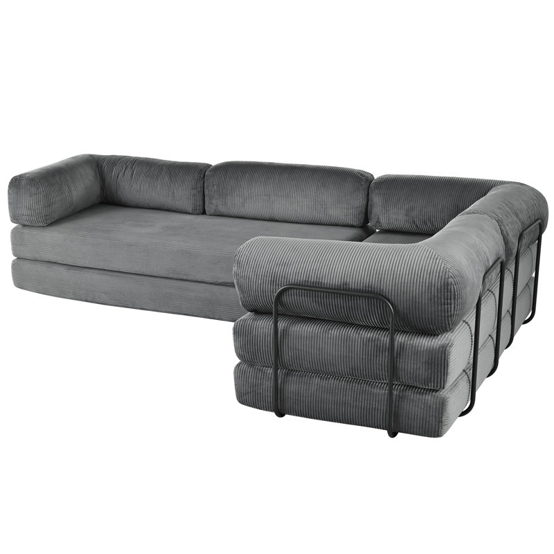 Canapé-lit modulaire en L en velours côtelé, idéal pour les salons et les appartements, Grey Polyester