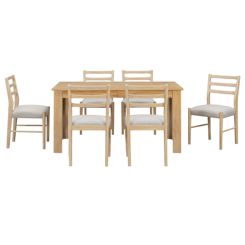 TREXM 7-Piece Wooden Dining Table Set Mutifunctional Extendable Table With 12" Leaf And 2 Drawers, Natural Wood Wash