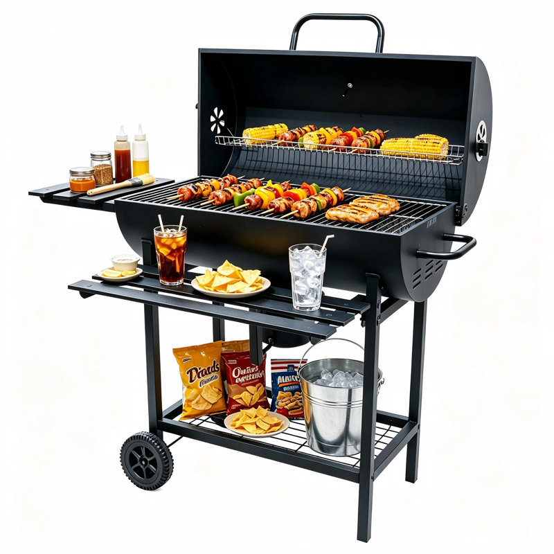 Barbecue au charbon de bois avec tablettes latérales et frontales, barbecue extérieur en forme de tonneau pour les fêtes dans le jardin