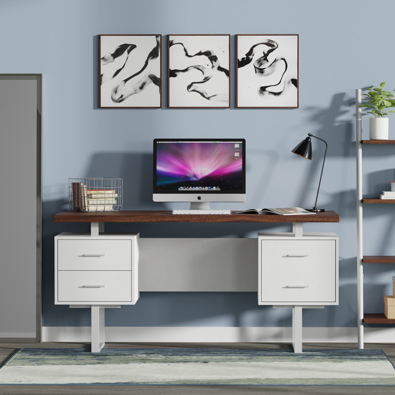 Auniya 60'' Desk, Walnut Top, White Body, White Metal/Hardware