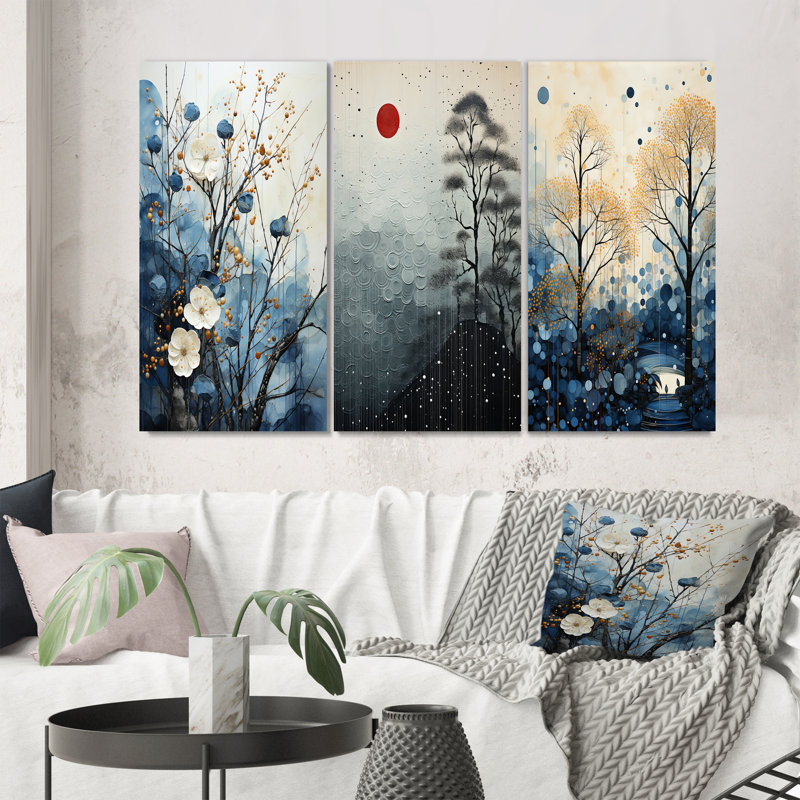 «Japon Art Blue Serene Zen Minamlism Landscape», 3 pièces sur toile, Toile tendue, H 20 po x l 36 po