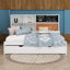 Lit de jour double avec tablettes de rangement, tableau noir, tableau de liège, ports USB et lit gigogne simple