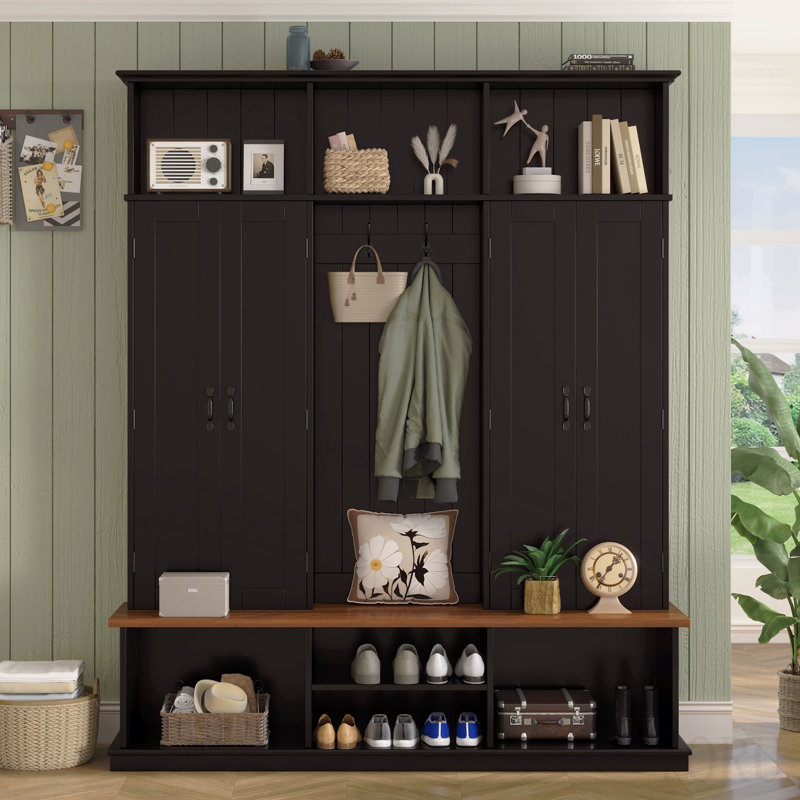 Arbre d'entrée 62,2 po avec banc, 3 casiers supérieurs et un espace de rangement inférieur, un portemanteau avec crochets et armoires pour l'entrée, le couloir, le vestibule, le salon