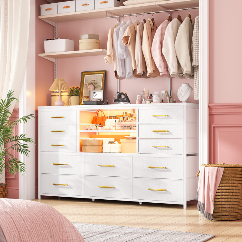 Dresser For Bedroom With Power Outlets And Led Lights, 12 Drawers Tv Stand Dressers With 2 Tire Shelves, White