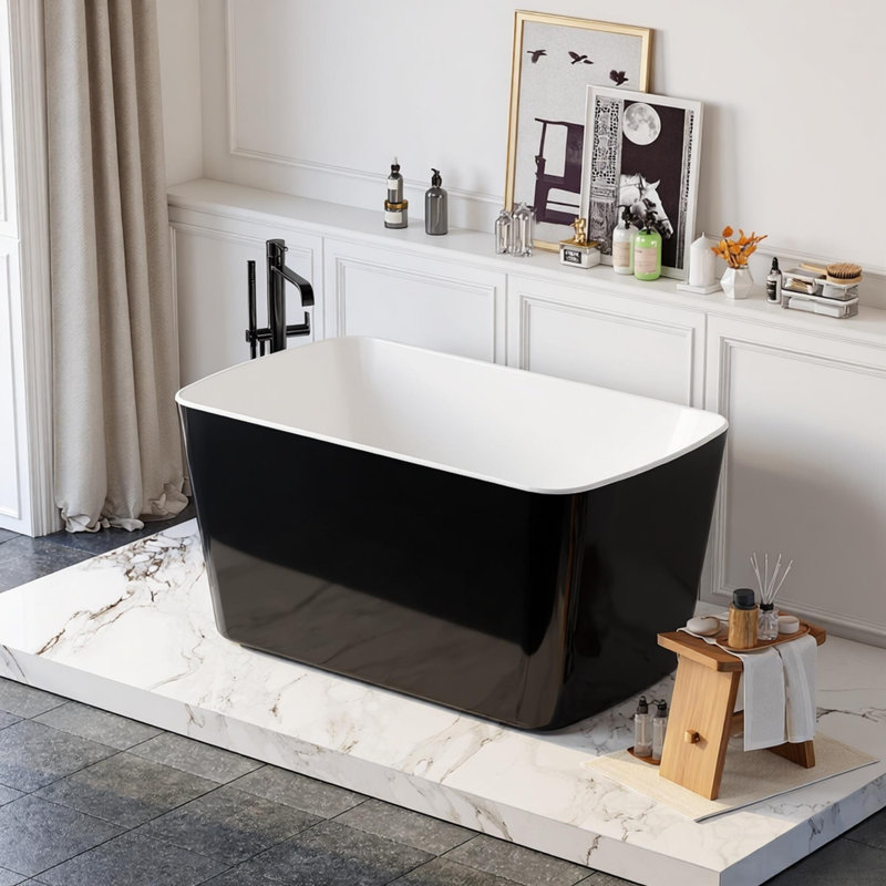 49'' x 28'' Acrylic Freestanding Soaking Bathtub, Square-shape Japanese Soaking Hot Tub, Sit-In Design with Chrome Overflow and Drain, Glossy Black