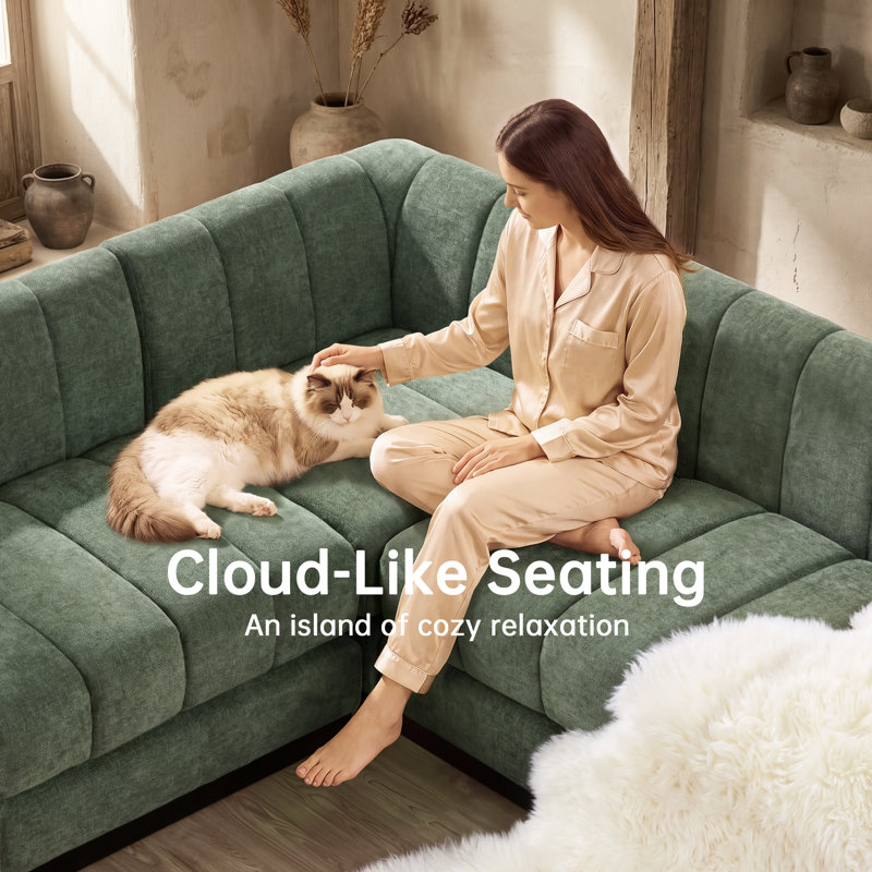 Myrhn 5-Piece Chenille Modular Sectional, Deep Seat L-Shaped Sofa With Solid Wood Base, Green Chenille
