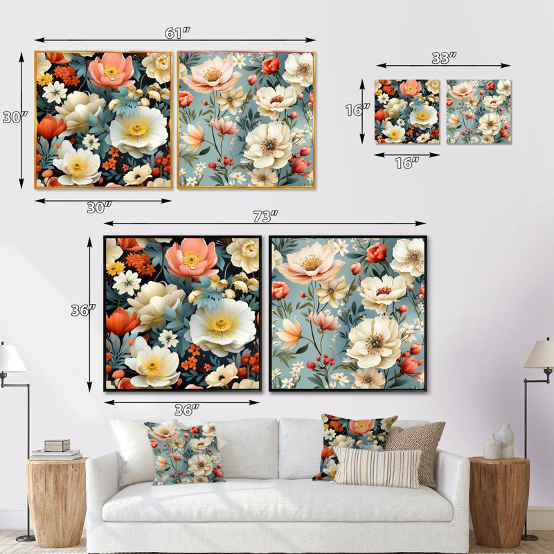 Randel - Ensemble de 2 collages carrés floraux, Cadre flottant noir, H 16 po x l 33 po