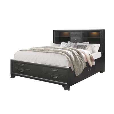 Full Bed With Grey Finish, Fully Slatted Structure, Headboard Drawers Center Glide And Shelving, Siderail Drawer Storage Options In Grey, Featuring Solutions