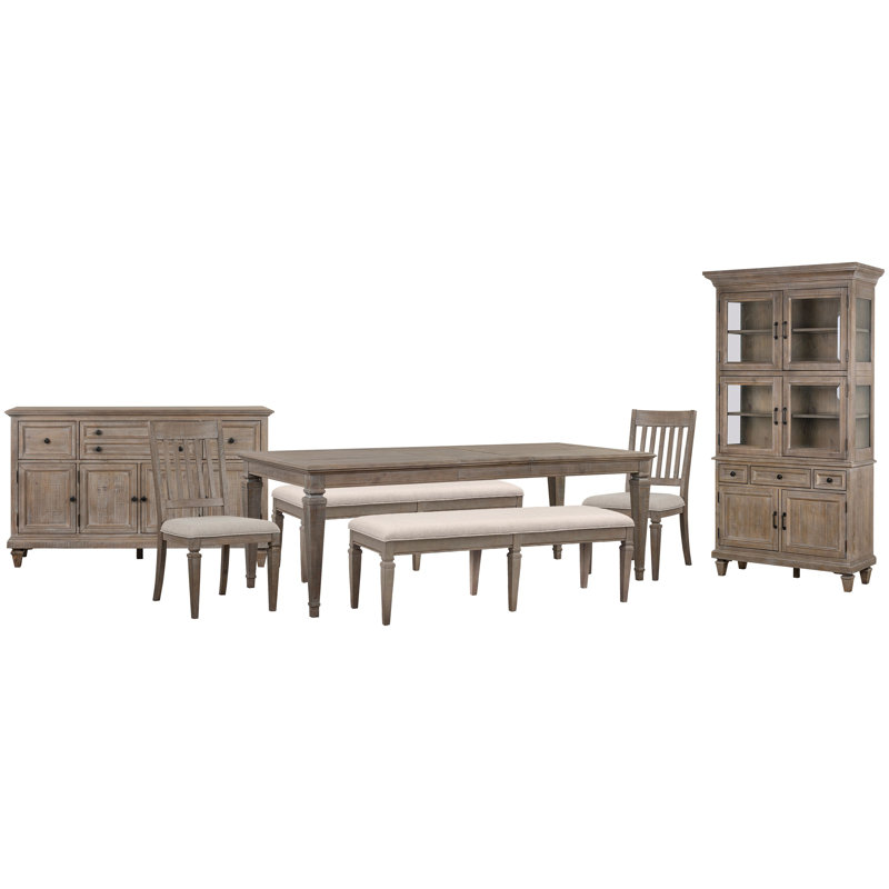 Extendable Rectangular Dining Table 2 Benches 2 Side Chairs Buffet And Dining Cabinet, Brown/Beige