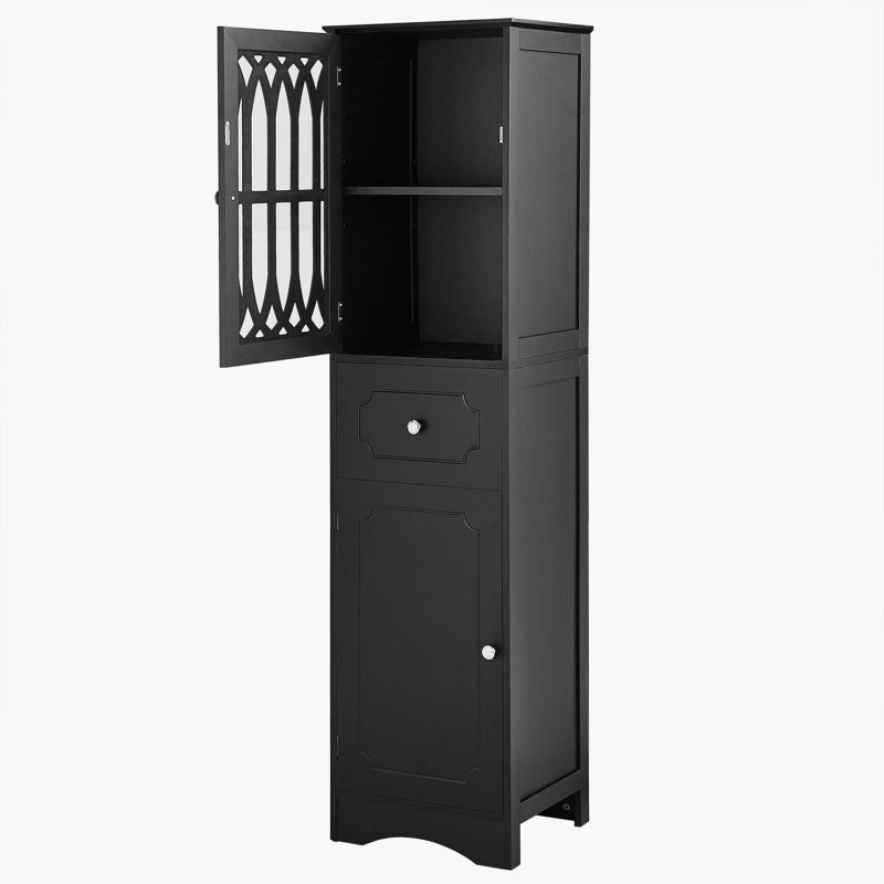 63.8" Freestanding Linen Cabinet With Acrylic Door & Adjustable Shelf & Drawer, Tall Bathroom Cabinet, Wood Storage Cabinet For Living Room Kitchen Office