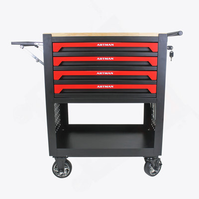 Chariot à outils multifonctionnel à 4 tiroirs avec roulettes et plateau en bois