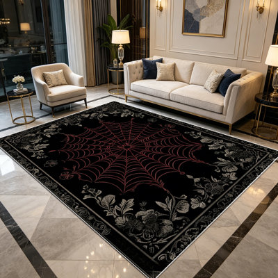 1PC Vintage Gothic Spider Web & Ornate Floral Border area rugs for Living Room, Soft and Comfortable, Suitable for all seasons, easy-to-maintain, machine washable Indoor floor mat, Under Table Farmhouse suitable for dining table, entryway, bedroom