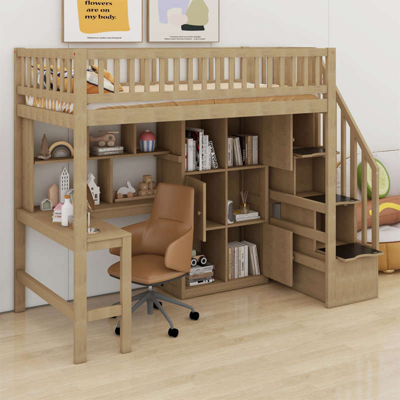Wood Loft Bed With Built-In Desk, LED, Storage Shelves, Cabinets And Staircase, Walnut