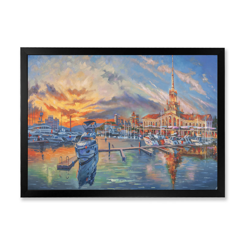 «Evening In The Seaport», reproduction sur toile, Toile avec cadre de coin noir fermé, H 24 po x l 32 po