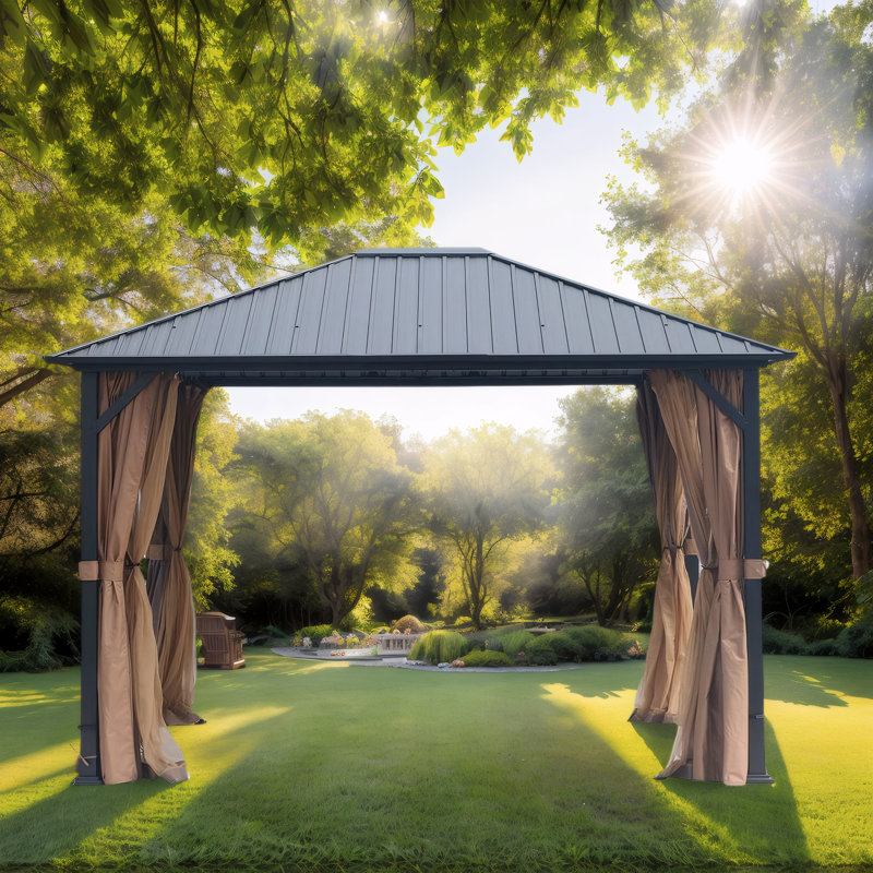 Pavillon de jardin robuste en métal 10 x 12 avec moustiquaire, pergola à toit rigide en acier galvanisé pour patio, jardin, cour arrière