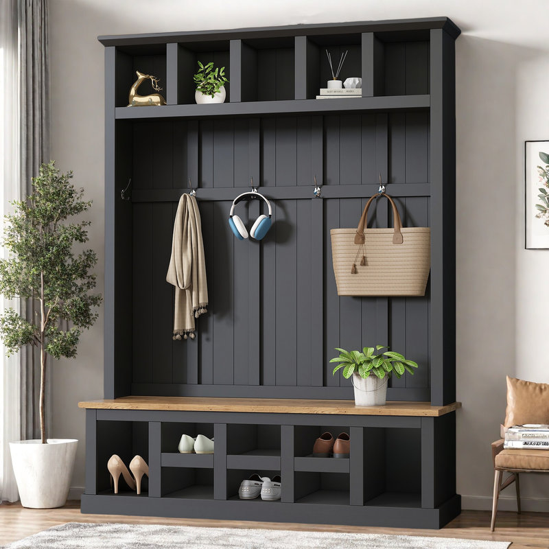 79"H Hall Tree with Open Storage,3-in-1 Hall Tree with Bench, Black