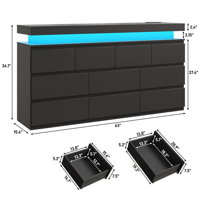 10-Drawer Modern Storage Dresser With Led Lighting & Charging Station, Wide Chest Of Drawers For Bedroom, Living Room & Entryway Organization