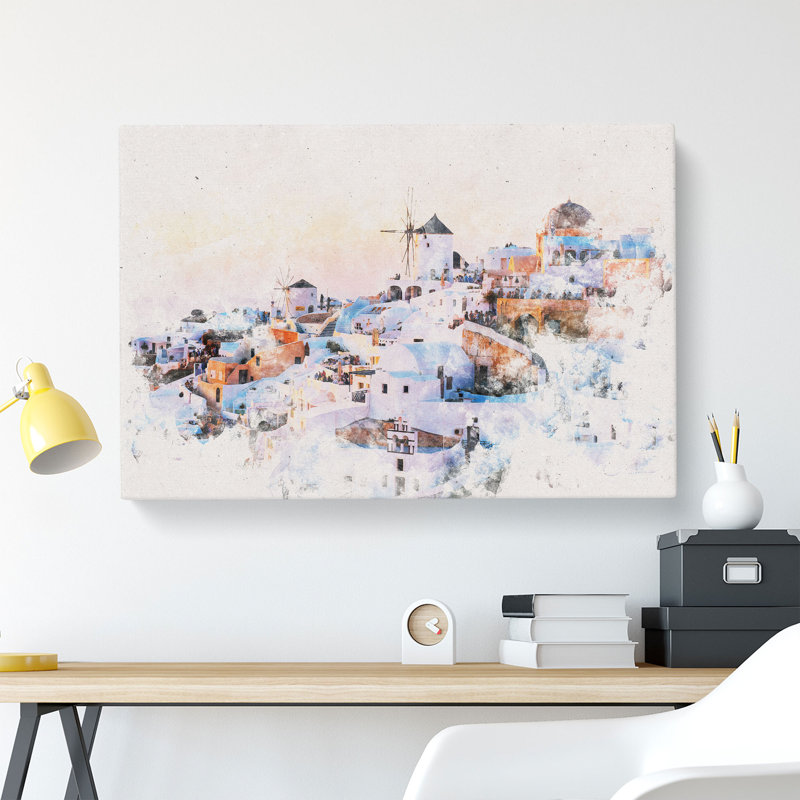 Oia Santorini Skyline in Greece Watercolour - Wrapped Canvas, 40cm H x 60cm W x 3cm D