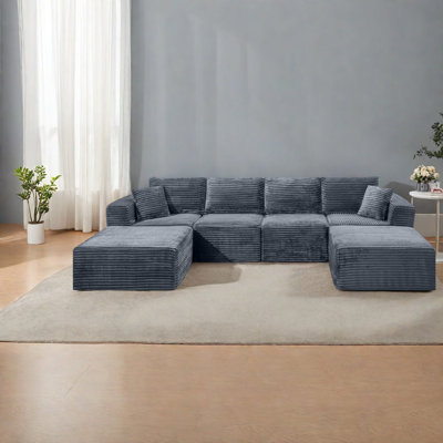Canapés d'angle modulaires à compression, 133,2 pouces, velours côtelé camel, salon moderne