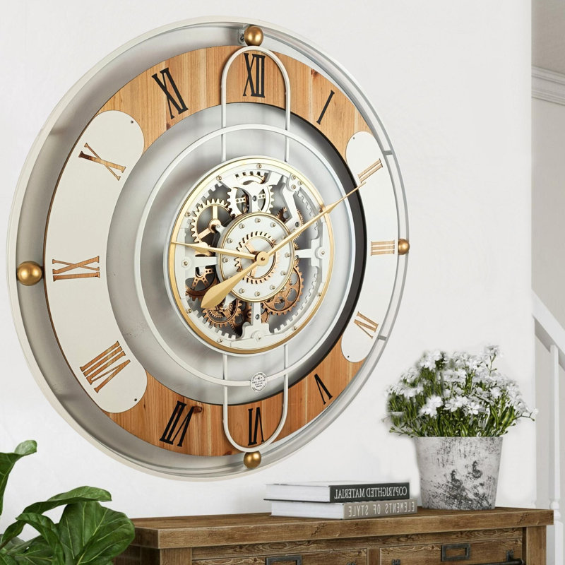 Oversized White and Wood Analog Wall Clock with Moving Gears