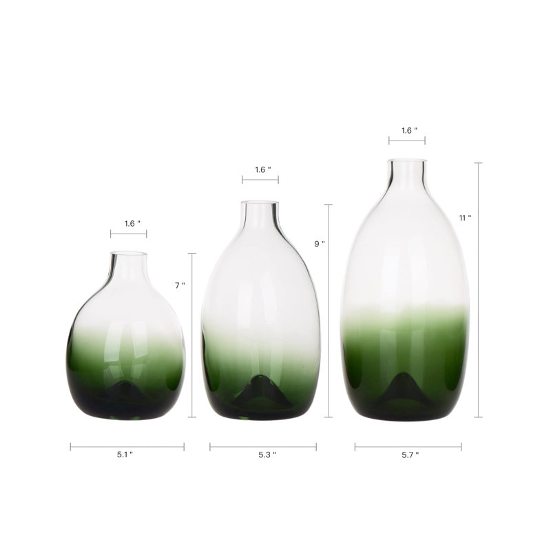 Ensemble de vases à fleurs modernes en verre soufflé à la main, ensemble de 3 (vert)