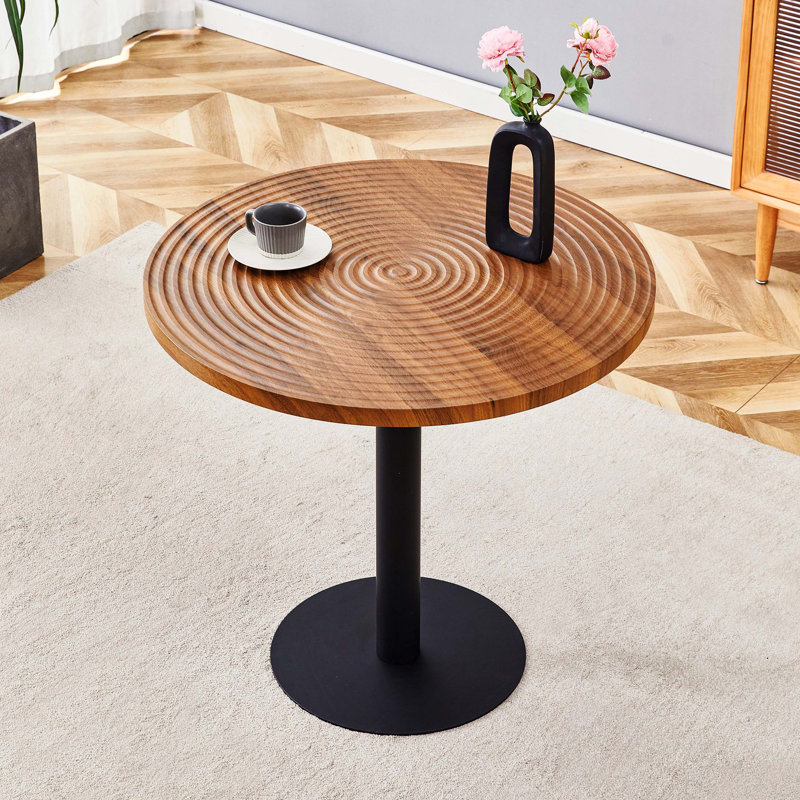 Table de salle à manger ronde 31,5 pouces grain de bois foncé, texture annulaire moulée par aspiration, table durable résistante à l'eau avec structure en métal noir
