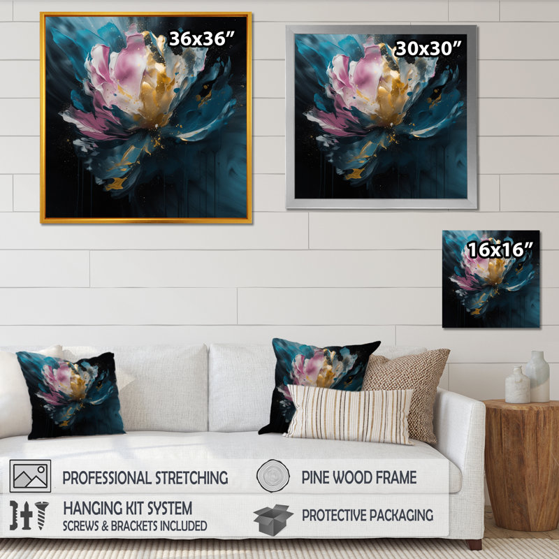 "Blue Pink Pe pivoines Artistry II", reproduction d'art sur toile, Cadre photo noir, H 30 po x l 30 po x P 1 po