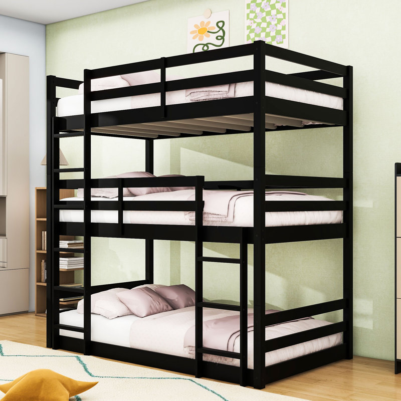 Lit superposé simple au-dessus de simple au-dessus de simple en bois avec fonction détachable et échelle