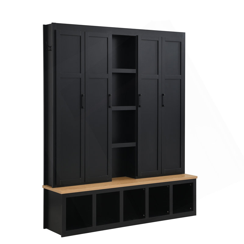 62.9"W Farmhouse 4-In-1 Hall Tree With 6 Hanging Hooks, Mudroom Wood Grain Bench With Open Compartments, Entryway Shoe Cabinet With Seating Bench For Living Room, Hallway