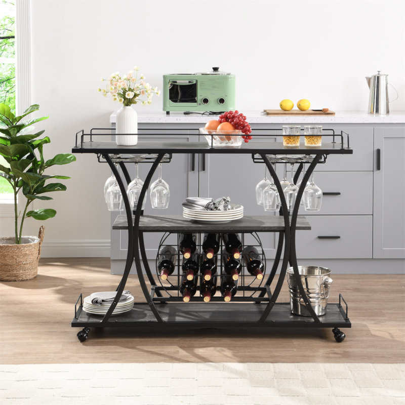 Chariot-bar industriel et chariot de service pour la maison avec roulettes 3 tablettes de rangement