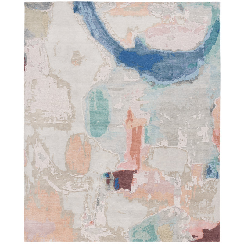 Tapis bleu / beige / vert en laine / soie noué à la main Saint Tropez, Rectangle 9 pi x 12 pi