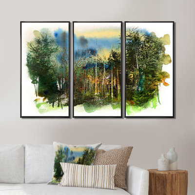 «Deep Green Forest Landscape», peinture sur toile 3 pièces