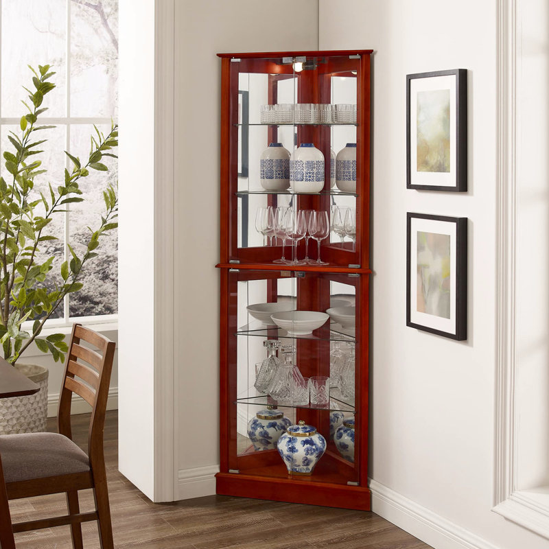 Corner Curio Cabinet With Lights - Mirrored Back Cherry Adjustable Shelves Personality And Interest China Showcasing, Cherry