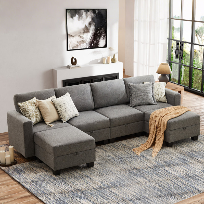 Canapé modulaire rembourré 6 pièces Ilyes, Lin gris