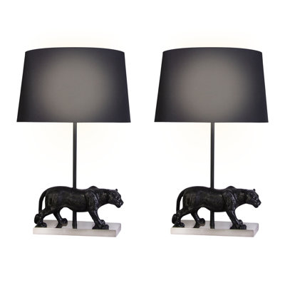 Panther Noir Polyresin Table Lamp - Black & Polished Nickel - Set of 2